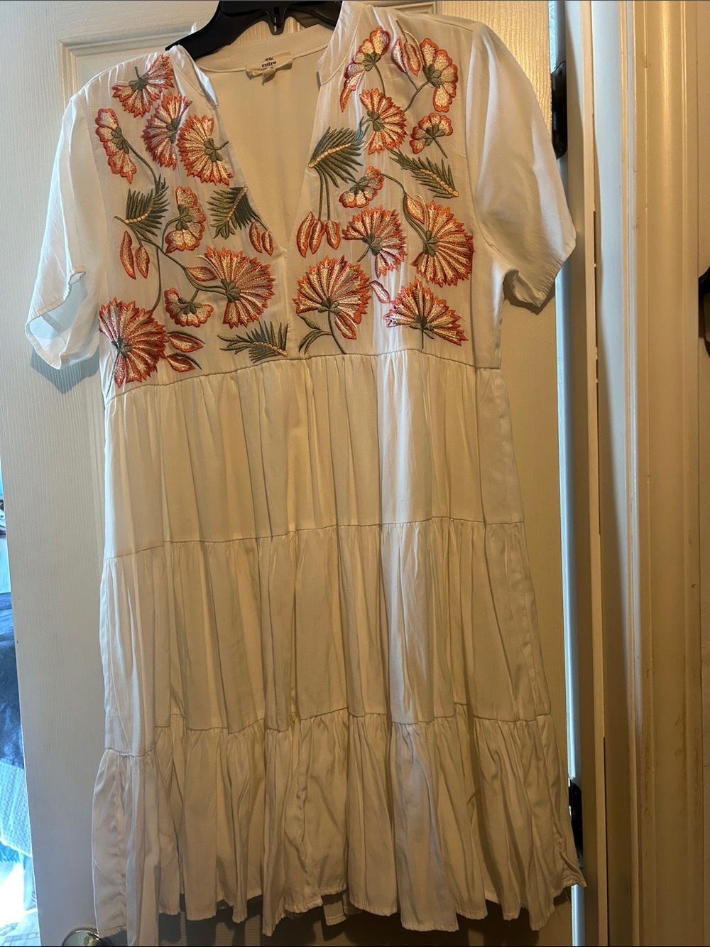 entro Cream Tiered Midi Dress with Orange & Green Floral Embroidery